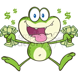 7271 Royalty Free RF Clipart Illustration Crazy Green Frog Cartoon Character Jumping With Cash