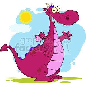 6945 Royalty Free RF Clipart Illustration Purple Dragon Cartoon Mascot Character Waving For Greeting