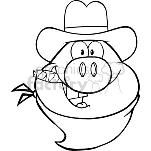 Royalty Free RF Clipart Illustration Black And White Cowboy Pig Head Cartoon Character