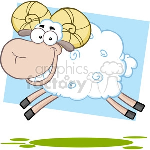 The image depicts a humorous cartoon sheep jumping with a joyful expression. The sheep has large, exaggerated spiral horns, wide eyes, a big smile showing teeth, and a fluffy white body with swirl patterns. Its limbs are outstretched as if in mid-jump, and it wears black hooves. The background has a light blue sky-like top with a simple green ground at the bottom.