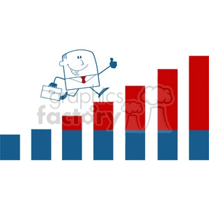 Royalty Free RF Clipart Illustration Businessman Giving A Thumb Up And Running Over Growing Bar Chart Monochrome Cartoon Character