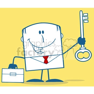 Royalty Free RF Clipart Illustration Happy Businessman With Briefcase Holding A Big Key Monochrome Cartoon Character On Yellow Background