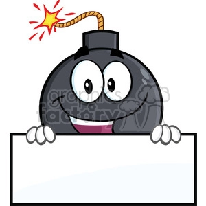Royalty Free RF Clipart Illustration Happy Bomb Cartoon Character Over Blank Sign