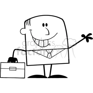 Royalty Free RF Clipart Illustration Black And White Smiling Businessman Cartoon Character Waving