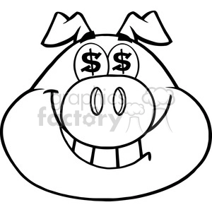 Royalty Free RF Clipart Illustration Black And White Smiling Rich Pig Head With Dollar Eyes