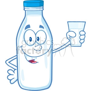Royalty Free RF Clipart Illustration Smiling Milk Bottle Character Holding A Glass With Milk