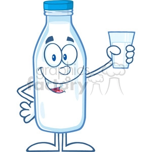 Royalty Free RF Clipart Illustration Smiling Milk Bottle Cartoon Mascot Character Holding A Glass With Milk