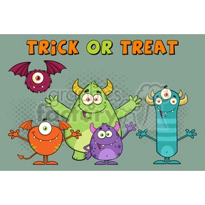 8940 Royalty Free RF Clipart Illustration Happy Funny Monsters Cartoon Characters Vector Illustration Greeting Card