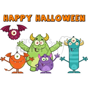 8938 Royalty Free RF Clipart Illustration Happy Funny Monsters Cartoon Characters With Happy Halloween Text Vector Illustration Isolated On White