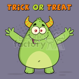 8932 Royalty Free RF Clipart Illustration Happy Horned Green Monster Cartoon Character With Welcoming Open Arms Vector Illustration Greeting Card