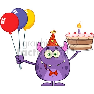 8913 Royalty Free RF Clipart Illustration Funny Monster Holding Up A Birthday Cake Vector Illustration Isolated On White