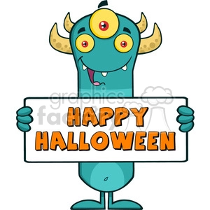 8928 Royalty Free RF Clipart Illustration Happy Horned Blue Monster Cartoon Character Holding Happy Halloween Sign Vector Illustration Isolated On White