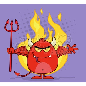 8964 Royalty Free RF Clipart Illustration Evil Red Devil Cartoon Character Character Holding A Pitchfork Over Flames Vector Illustration With Background