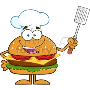 8570 Royalty Free RF Clipart Illustration Chef Hamburger Cartoon Character Holding A Slotted Spatula Vector Illustration Isolated On White