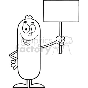 8485 Royalty Free RF Clipart Illustration Black And White Sausage Cartoon Character Holding A Blank Sign Vector Illustration Isolated On White