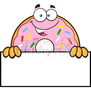 8669 Royalty Free RF Clipart Illustration Donut Cartoon Character With Sprinkles Over A Sign Vector Illustration Isolated On White