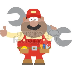 8550 Royalty Free RF Clipart Illustration African American Mechanic Cartoon Character Holding Huge Wrench And Giving A Thumb Up Flat Syle Vector Illustration Isolated On White