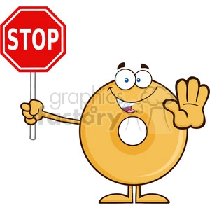8648 Royalty Free RF Clipart Illustration Smiling Donut Cartoon Character Holding A Stop Sign Vector Illustration Isolated On White