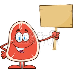8411 Royalty Free RF Clipart Illustration Steak Cartoon Mascot Character Holding A Blank Wooden Sign Vector Illustration Isolated On White