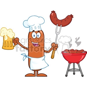 8463 Royalty Free RF Clipart Illustration Happy Chef Sausage Cartoon Character Holding A Beer And Weenie Next To BBQ Vector Illustration Isolated On White