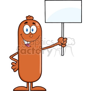 8486 Royalty Free RF Clipart Illustration Sausage Cartoon Character Holding A Blank Sign Vector Illustration Isolated On White