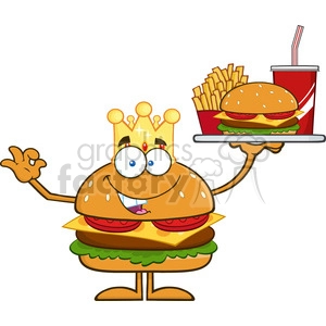 8566 Royalty Free RF Clipart Illustration King Hamburger Cartoon Character Holding A Platter With Burger, French Fries And A Soda Vector Illustration Isolated On White