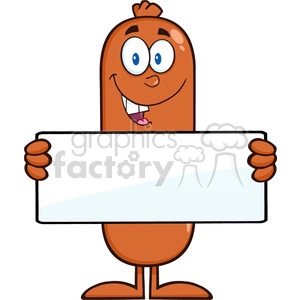 8432 Royalty Free RF Clipart Illustration Sausage Cartoon Character Holding A Banner Vector Illustration Isolated On White