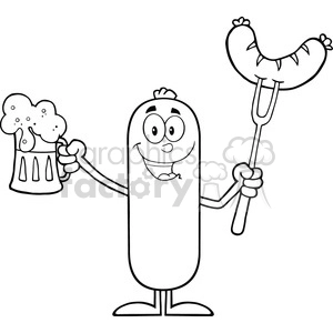 8447 Royalty Free RF Clipart Illustration Black And White Happy Sausage Cartoon Character Holding A Beer And Weenie On A Fork Vector Illustration Isolated On White