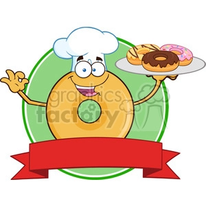 8725 Royalty Free RF Clipart Illustration Chef Donut Cartoon Character Serving Donuts Circle Label Vector Illustration Isolated On White