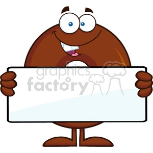 8714 Royalty Free RF Clipart Illustration Chocolate Donut Cartoon Character Holding A Blank Sign Vector Illustration Isolated On White