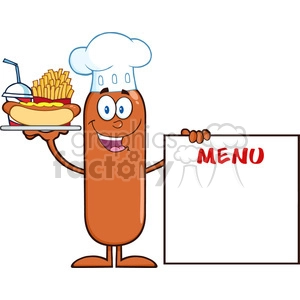 8496 Royalty Free RF Clipart Illustration Chef Sausage Cartoon Character Carrying A Hot Dog, French Fries And Cola Next To Menu Board Vector Illustration Isolated On White