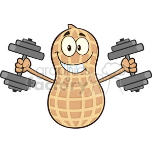 8732 Royalty Free RF Clipart Illustration Smiling Peanut Cartoon Mascot Character Training With Dumbbells Vector Illustration Isolated On White