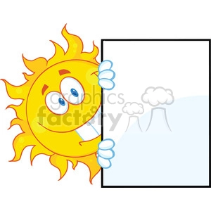 7038 Royalty Free RF Clipart Illustration Smiling Sun Looking Around A Sign Cartoon Mascot Character