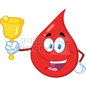 Royalty Free RF Clipart Illustration Red Blood Drop Cartoon Mascot Character Waving A Bell For Donation