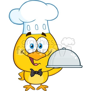 royalty free rf clipart illustration happy chef yellow chick cartoon character holding a cloche platter vector illustration isolated on white
