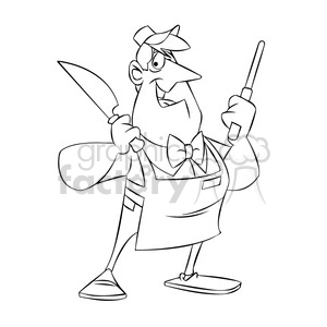 Chuck the cartoon butcher holding a knife black white