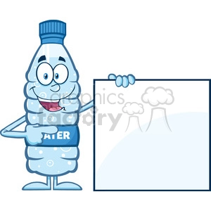 royalty free rf clipart illustration water plastic bottle cartoon mascot character holding and pointing to a blank sign vector illustration isolated on white
