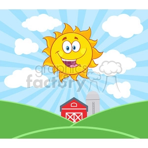 royalty free rf clipart illustration sunshine happy sun mascot cartoon character vector illustration with farm barn and silo fields background