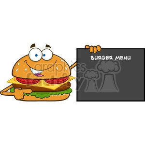 illustration funny burger cartoon mascot character pointing to a sign with text burger menu vector illustration isolated on white background