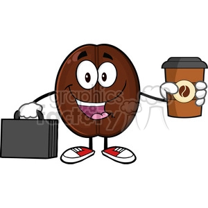 illustration businessman coffee bean cartoon mascot character with briefcase holding a coffe cup to go vector illustration isolated on white
