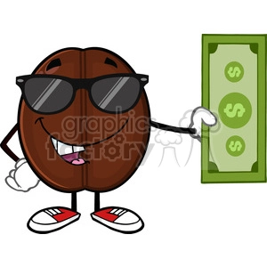illustration coffee bean cartoon mascot character with sunglasses holding a dollar bill vector illustration isolated on white