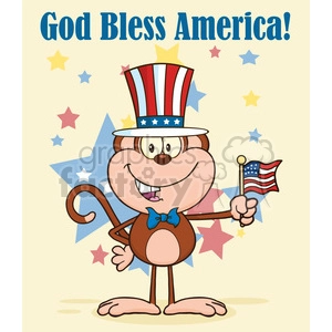 This clipart image features a cartoon monkey with a big, cheerful smile, wearing a top hat styled after the American flag, often associated with Uncle Sam. The monkey is holding a small American flag in one hand and has a blue bow tie. The background includes stars in various sizes and colors, and the phrase God Bless America! is prominently displayed at the top of the image.