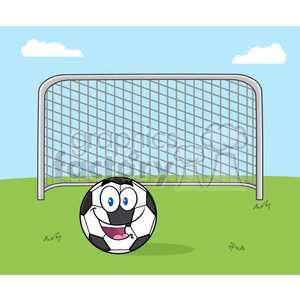 smiling soccer ball cartoon mascot character with football gate vector illustration with background