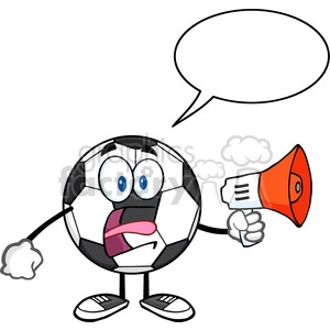 soccer ball cartoon mascot character an announcement into a megaphone with speech bubble vector illustration isolated on white background