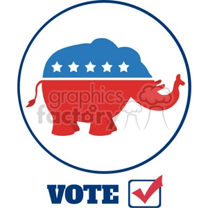 The clipart image features a stylized representation of a red elephant with a blue shell-like structure on its back that is decorated with white stars within a circular border. Under the circle, there's a blue banner with the word VOTE in capital letters, and just below it is a small square with a red checkbox with a checkmark inside.