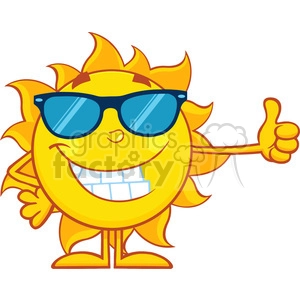 The image features an anthropomorphized sun character. The sun character is stylized with a smiling face, showing teeth, and has a pair of cool blue sunglasses. It's also giving a thumbs-up with one of its outstretched sun rays that serve as arms and hands. The sun is depicted with legs and stands in a confident pose.