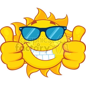 smiling sun cartoon mascot character with sunglasses giving a double thumbs up vector illustration isolated on white background