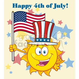 cute sun cartoon mascot character with patriotic hat holding an american flag vector illustration with background text happy 4th july