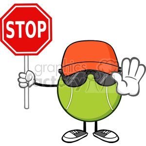 tennis ball faceless cartoon mascot character with hat and sunglasses gesturing and holding a stop sign vector illustration isolated on white background
