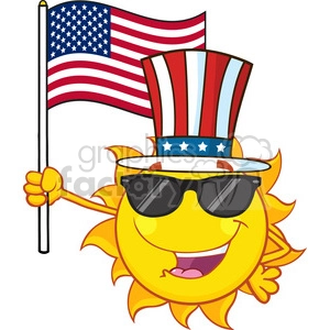 cute sun cartoon mascot character with sunglasses and patriotic hat holding an american flag vector illustration isolated on white background